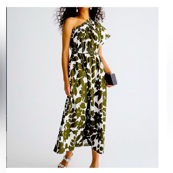 J.Crew Smocked cotton  one-shoulder dress in leafy floral-BR404-Rich Olive Small - Picture 1 of 7